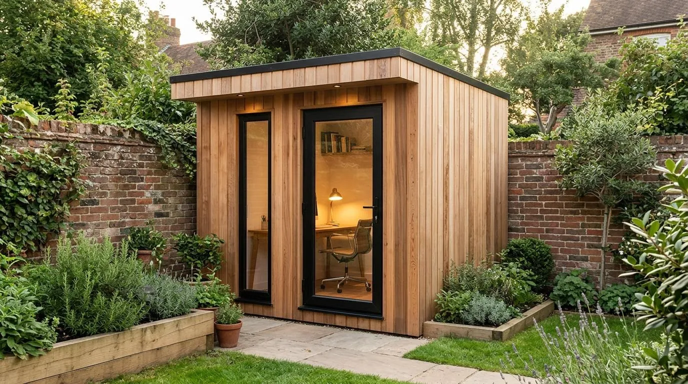 Compact three by three metre cedar garden office with one glazed door in a small walled town garden