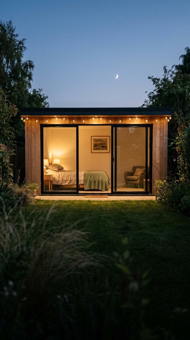 Cedar garden annexe at blue hour with string lights and a lit bedroom