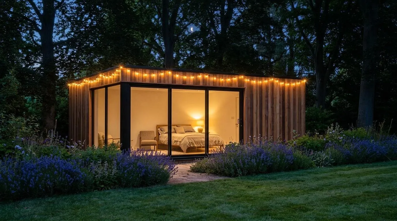 Cedar garden annexe at dusk with string lights, a made double bed and a lamp glowing through the glass