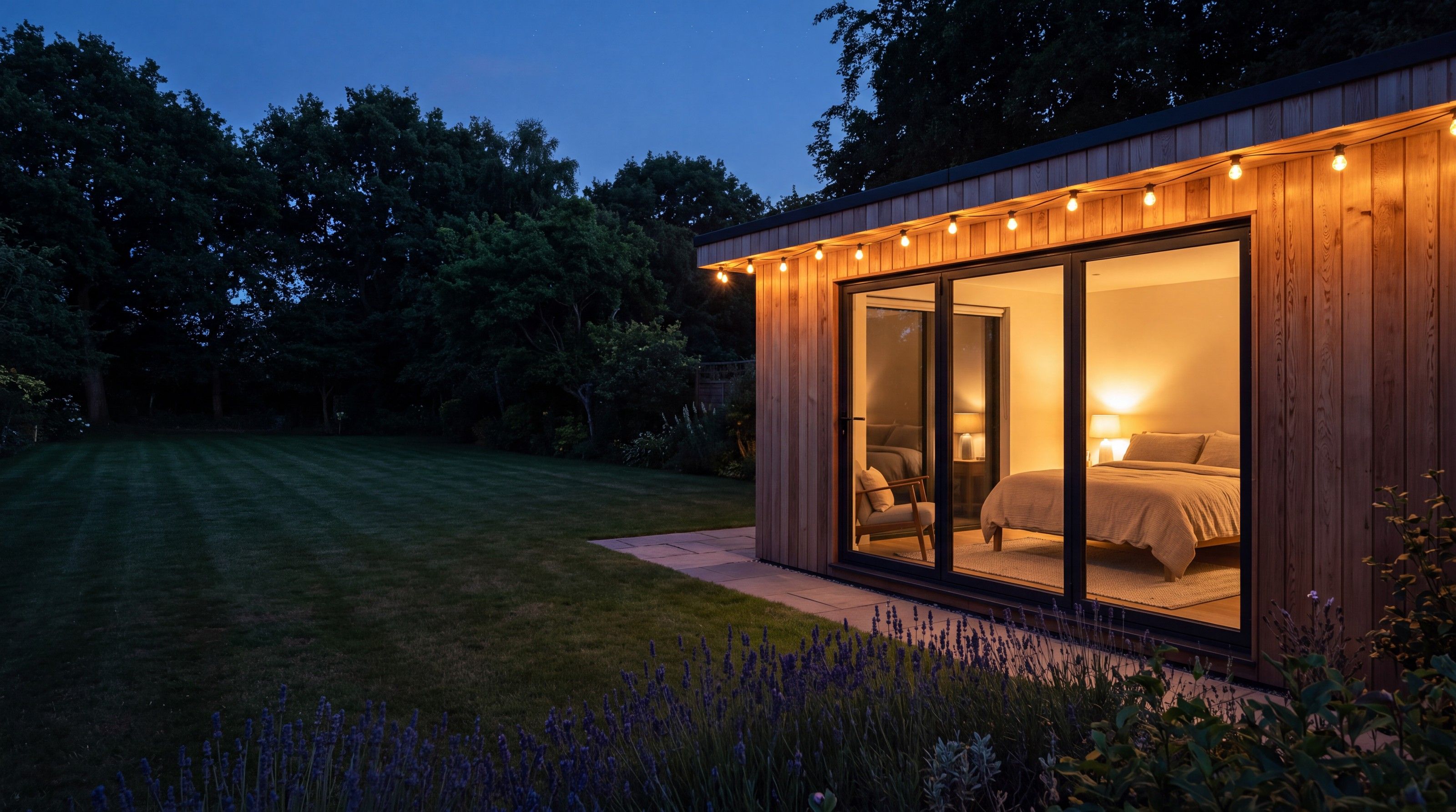 Cedar garden annexe at blue hour with string lights and a lit bedroom