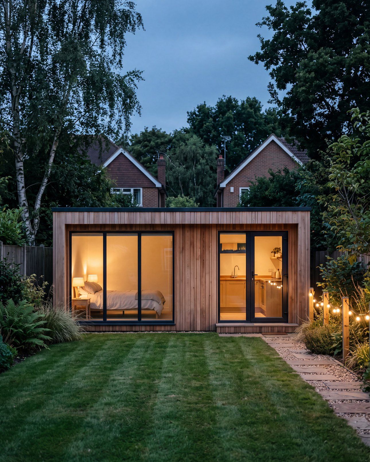 Cedar-clad garden annexe at dusk, warm light on a made bed and kitchenette, lit path across the lawn