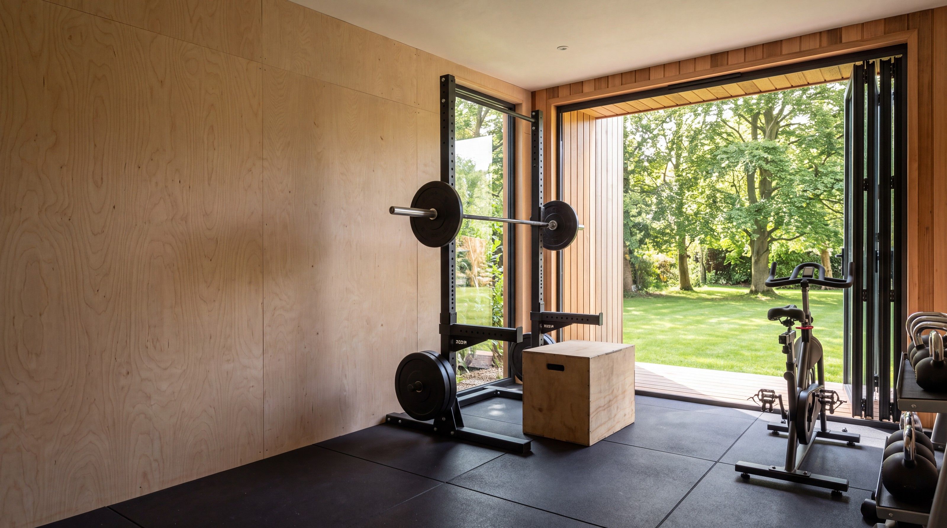 Cedar garden gym with a squat rack and bike behind glass doors, early morning