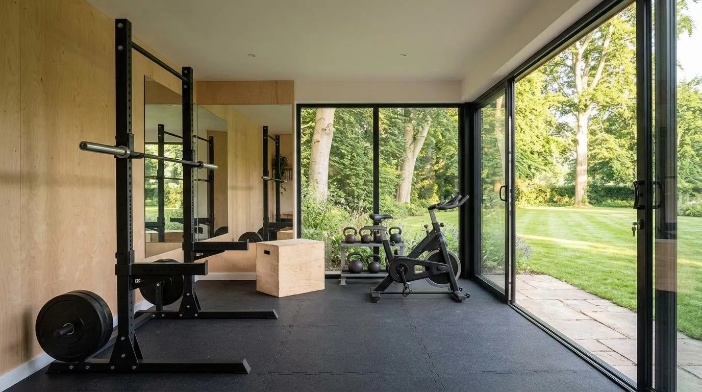 Garden gym interior with a squat rack, plyo box, exercise bike and kettlebells on rubber flooring