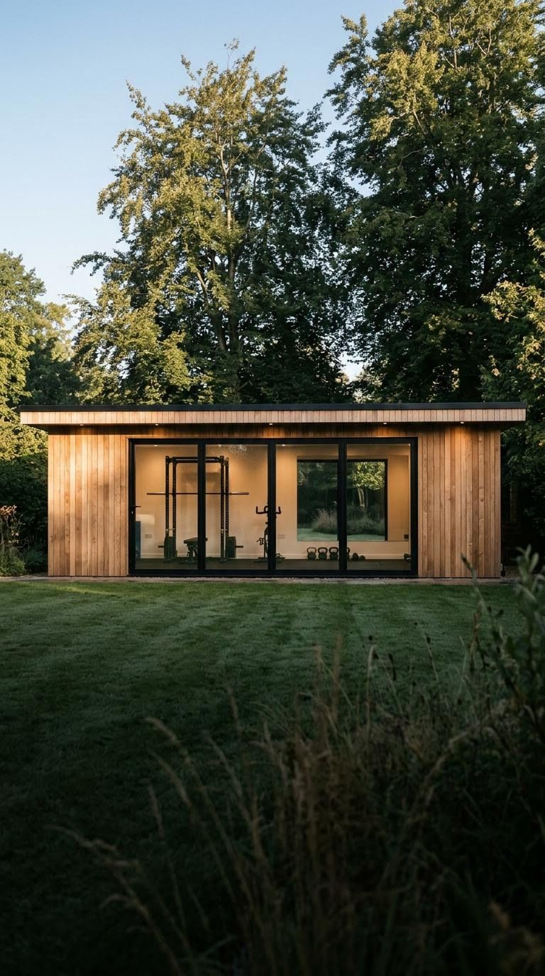 Cedar garden gym with a squat rack and bike behind glass doors, early morning