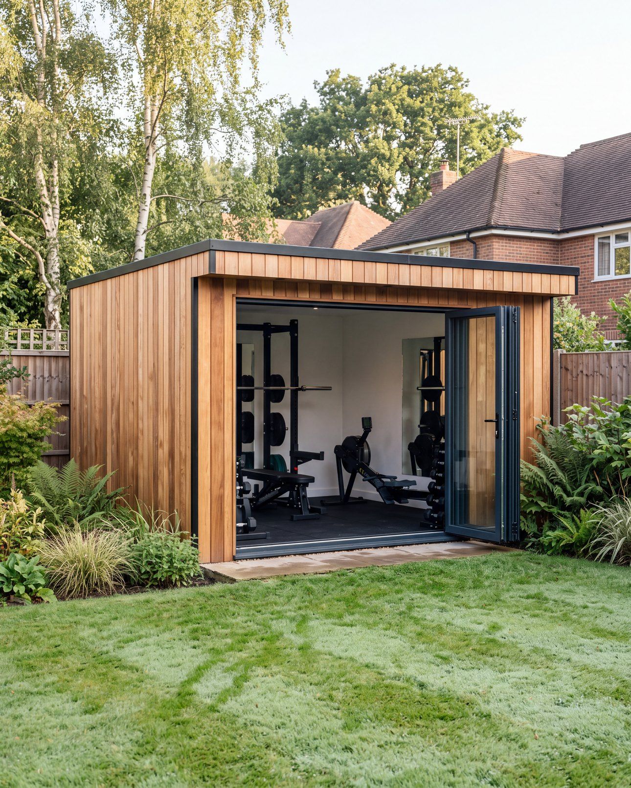 Cedar-clad garden gym with bi-fold doors open onto a squat rack, rubber floor and rowing machine