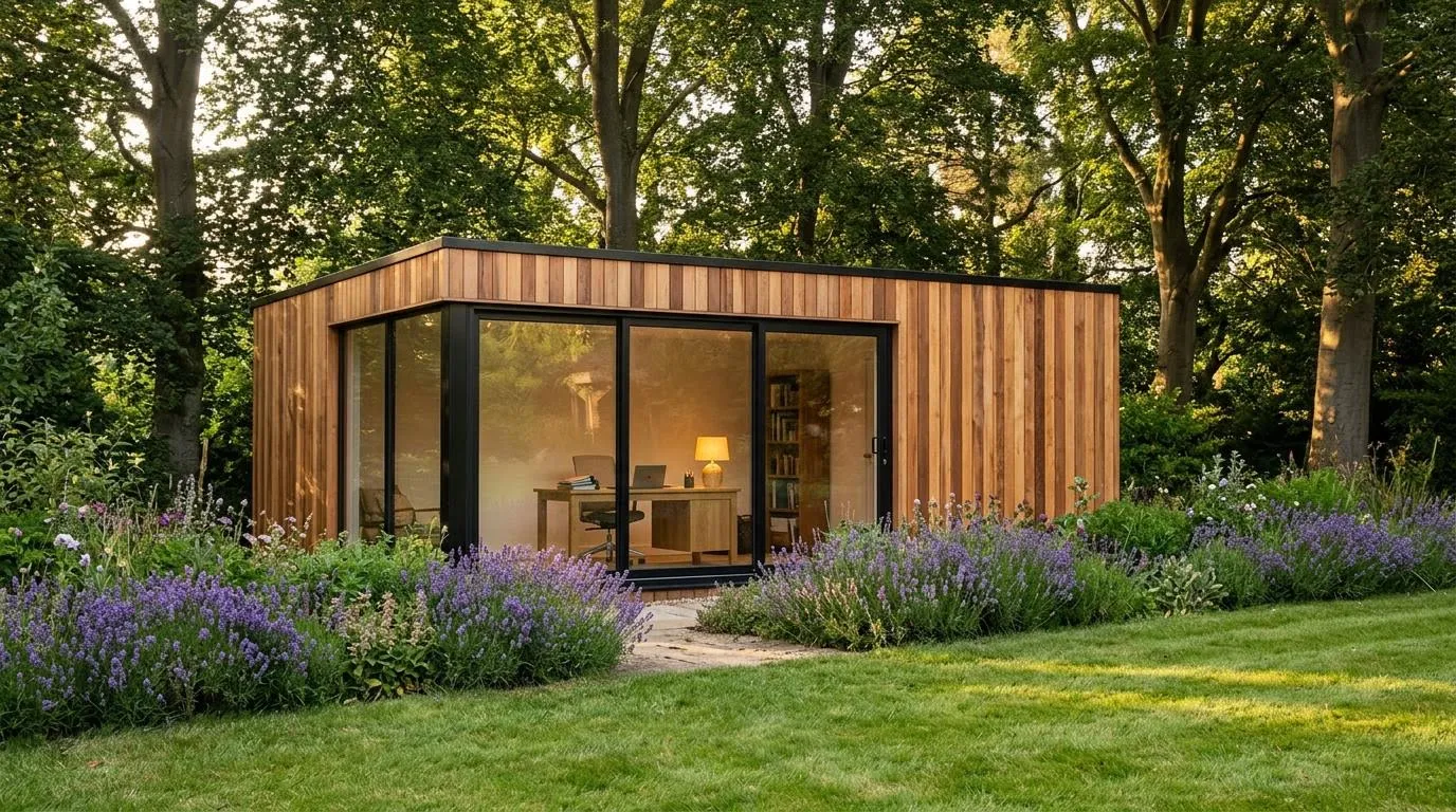 Cedar-clad garden office with black-framed glazing at the end of a lawn, lavender borders in golden light, an example of the kind of garden room builders near Hatfield AL10 are asked for