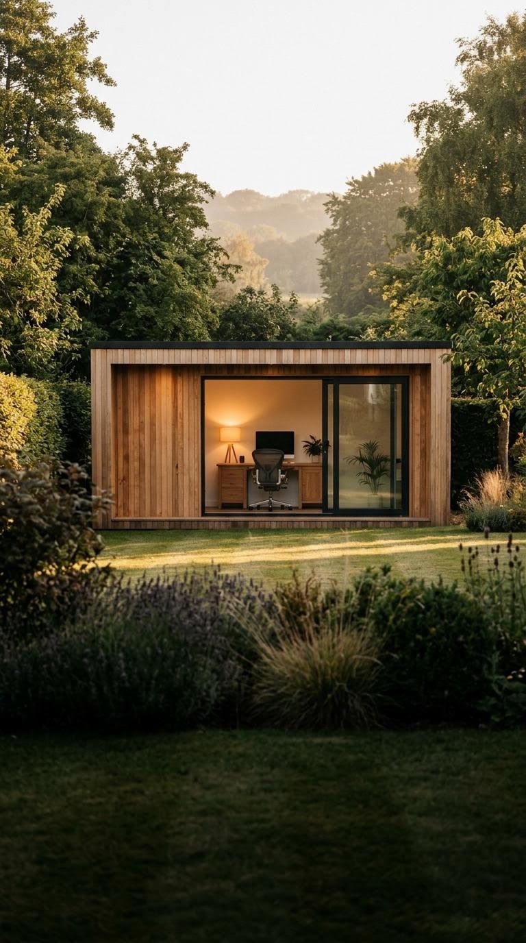 Cedar garden office at the end of a long lawn at golden hour, lamp glowing inside