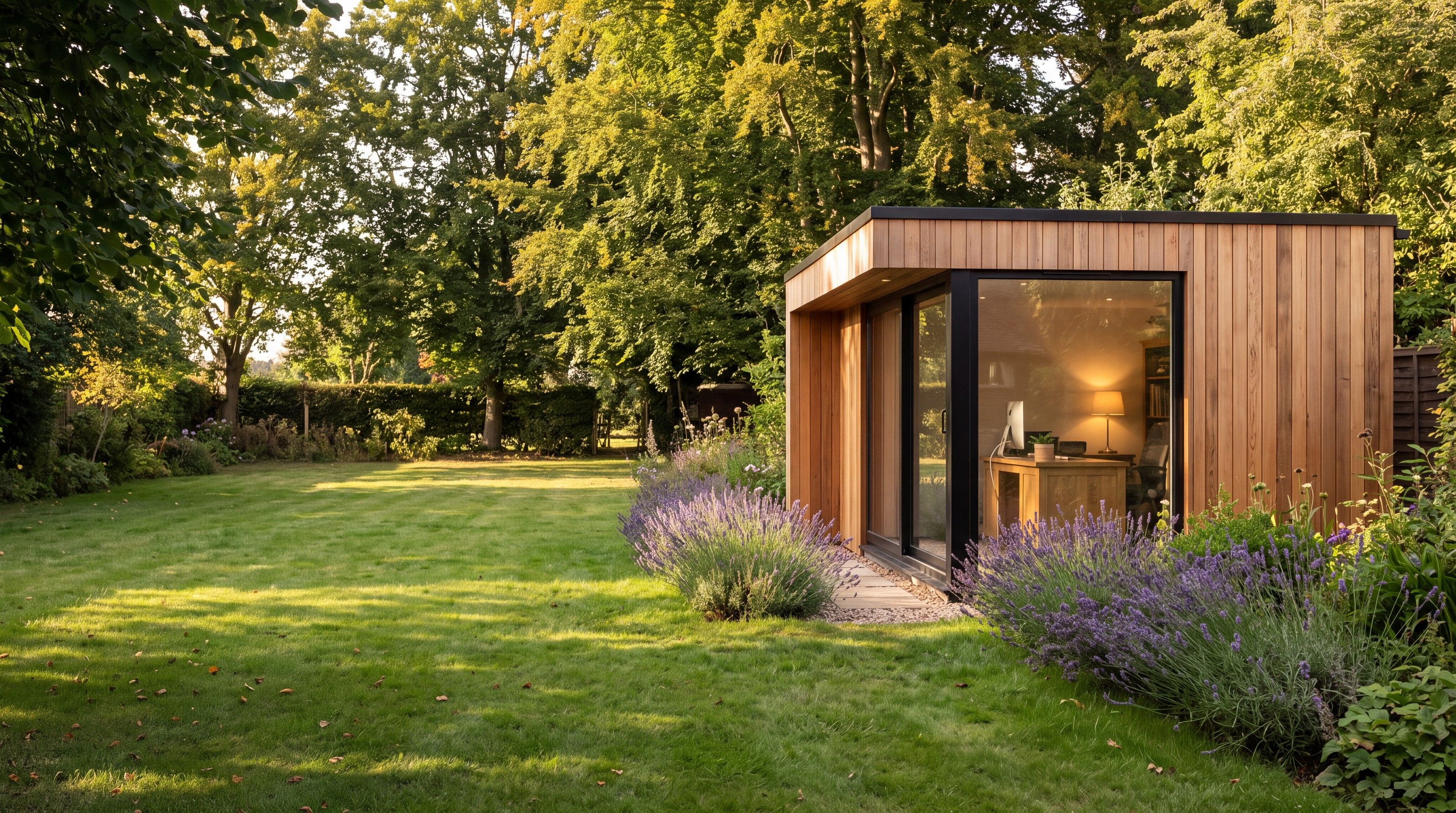 Cedar garden office at the end of a long lawn at golden hour, lamp glowing inside