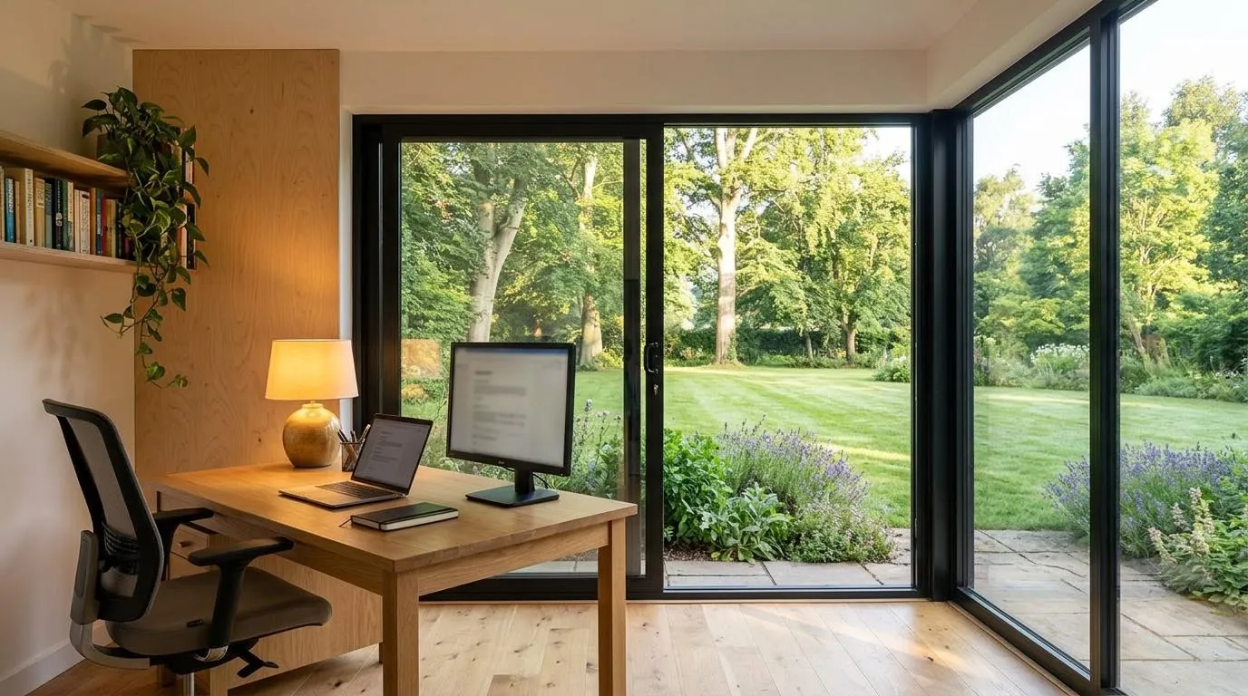 Garden office interior with an oak desk, monitor and brass lamp, glass doors open to the lawn