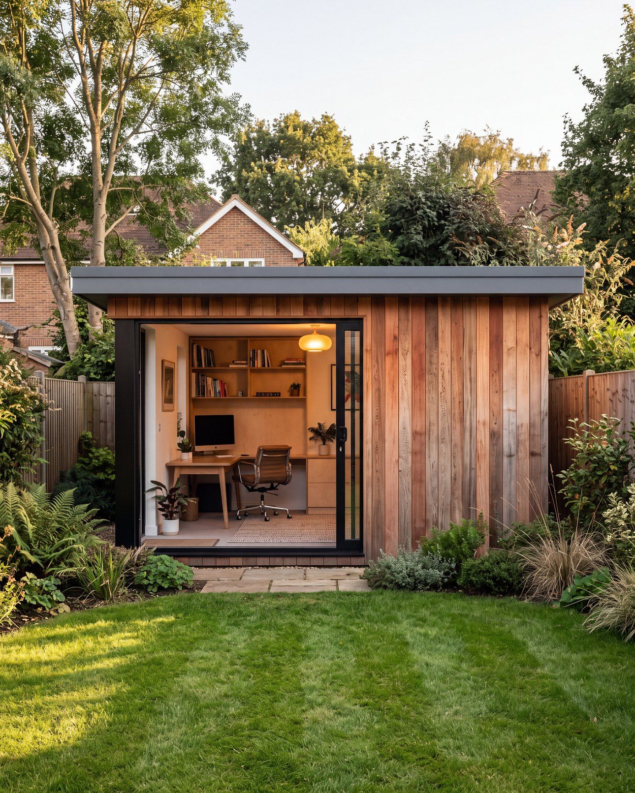 Cedar-clad garden office in an English back garden, sliding doors open onto a desk, shelves and pendant light