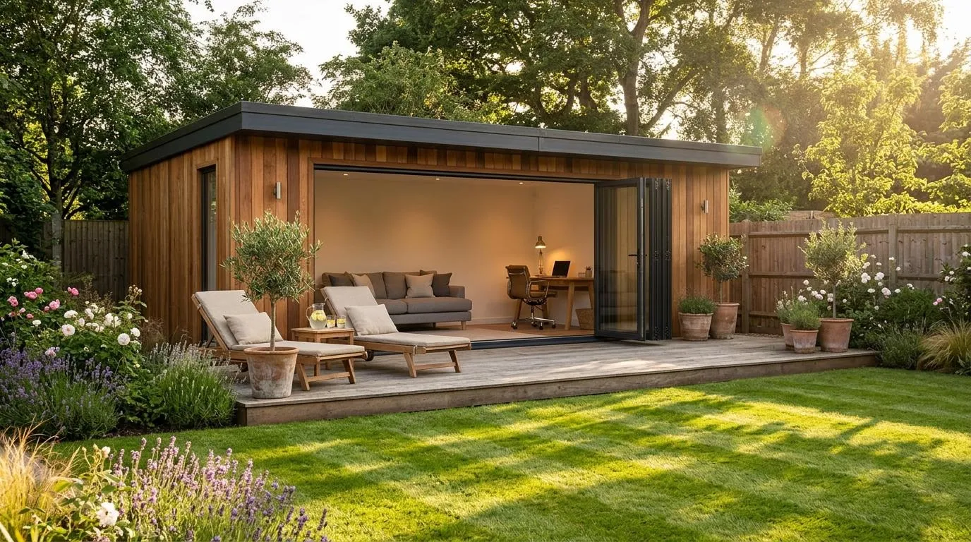 Garden room with bifold doors folded open onto a hardwood deck with loungers on a summer evening