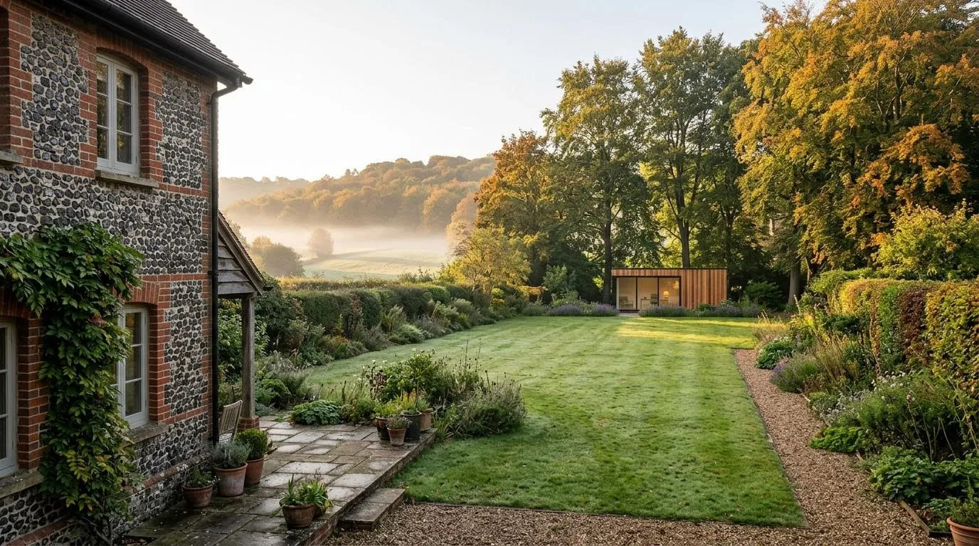 Cedar garden room at the end of a flint-and-brick cottage garden with misty Chilterns beech hills behind