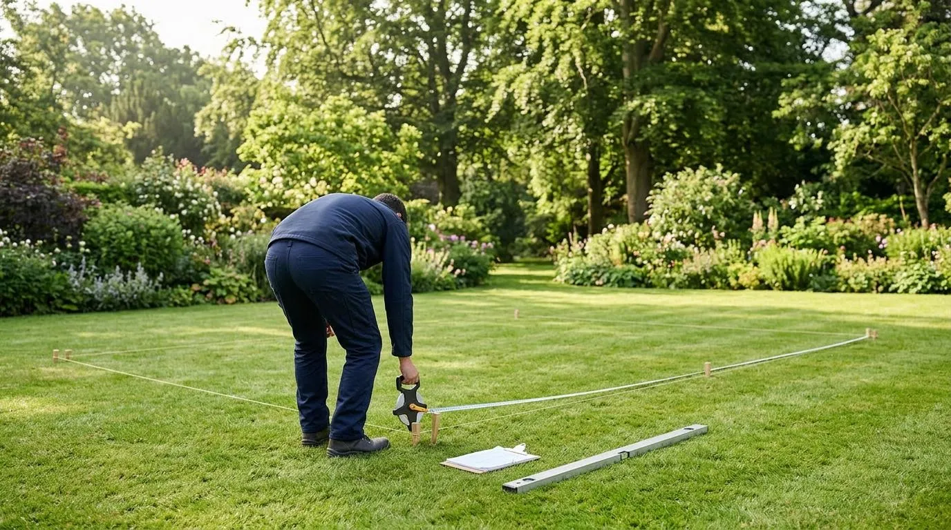 Garden room builder measuring a lawn with a tape, wooden pegs and string lines before a free site visit quote, an example of the kind of garden room builders near Ware SG12 are asked for