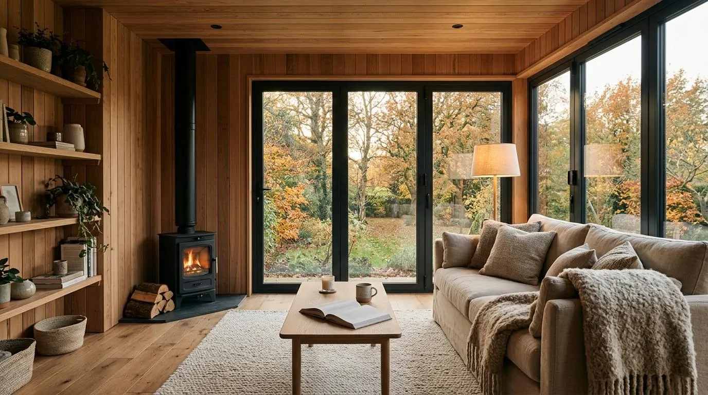 Cedar-lined garden snug with a linen sofa, wool rug and small wood-burning stove beside glazed doors, an example of the kind of garden room builders near Hatfield AL10 are asked for