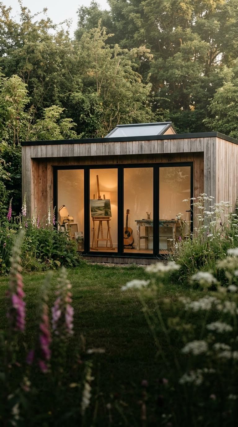 Cedar garden studio with an easel and guitar inside, foxgloves in front