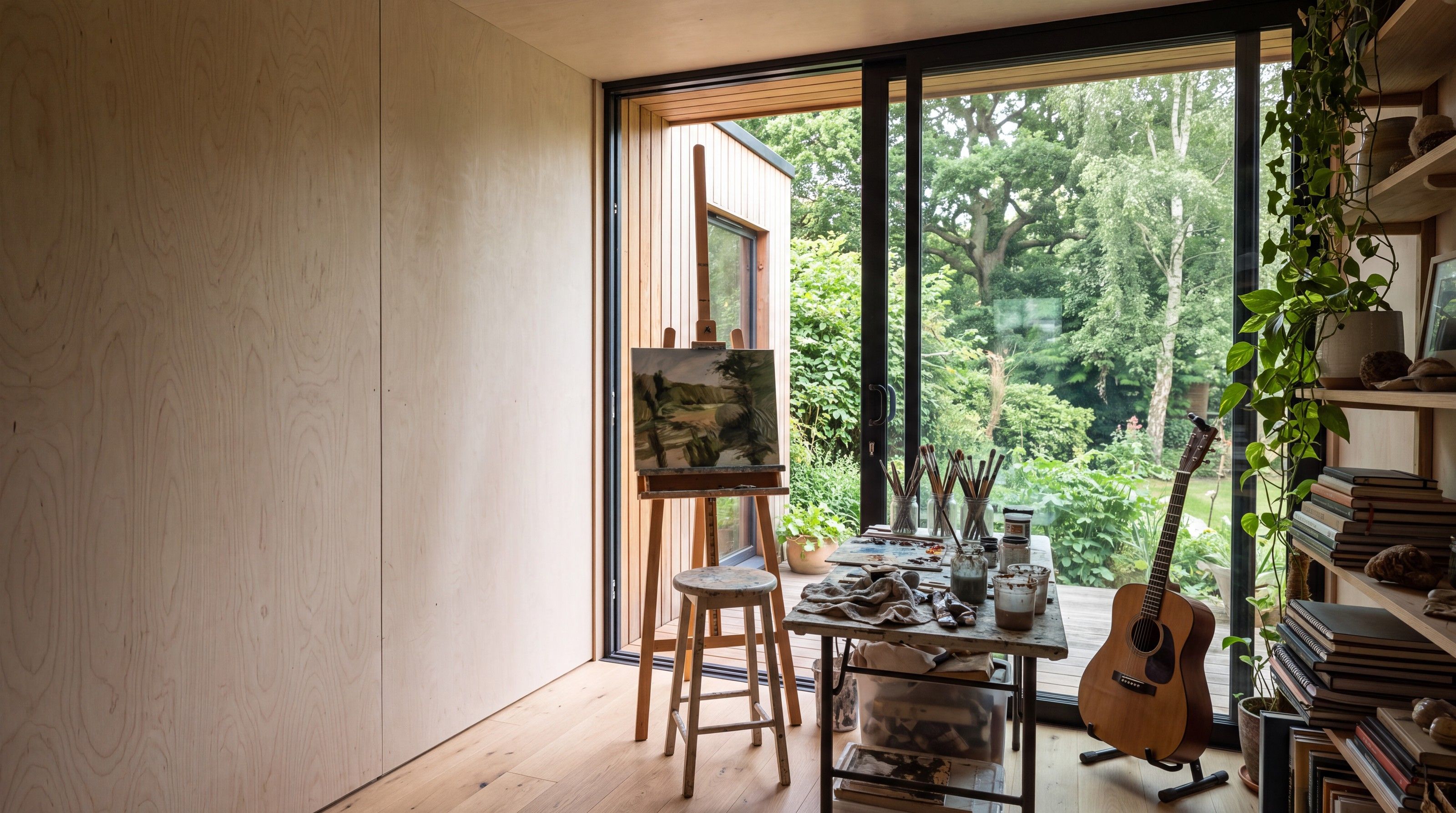 Cedar garden studio with an easel and guitar inside, foxgloves in front
