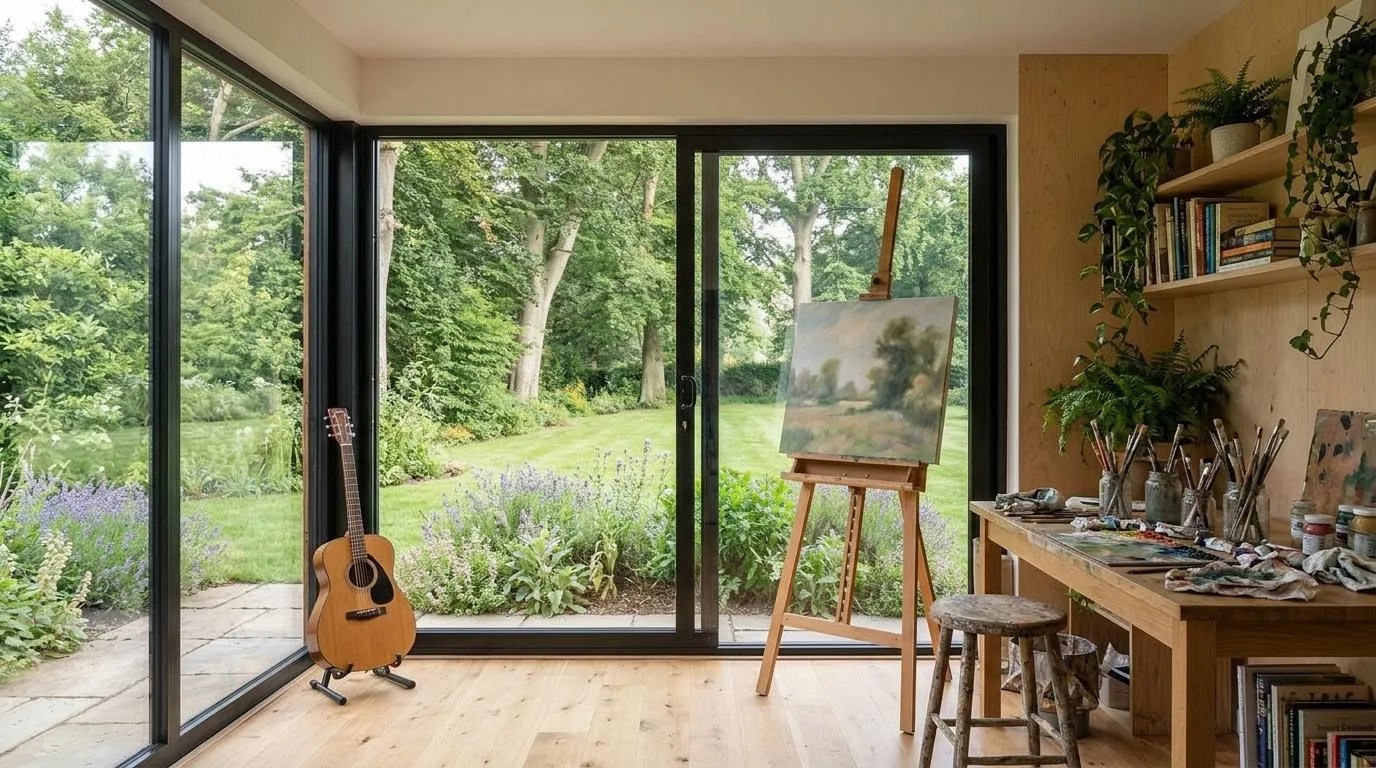 Garden art studio interior with an easel, landscape painting, acoustic guitar and paint worktable