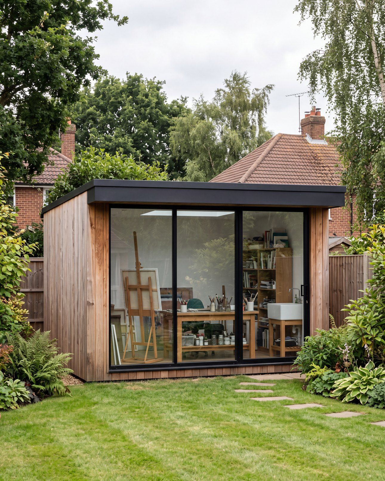Cedar-clad garden studio with a tall glazed wall showing an easel, work table and sink inside