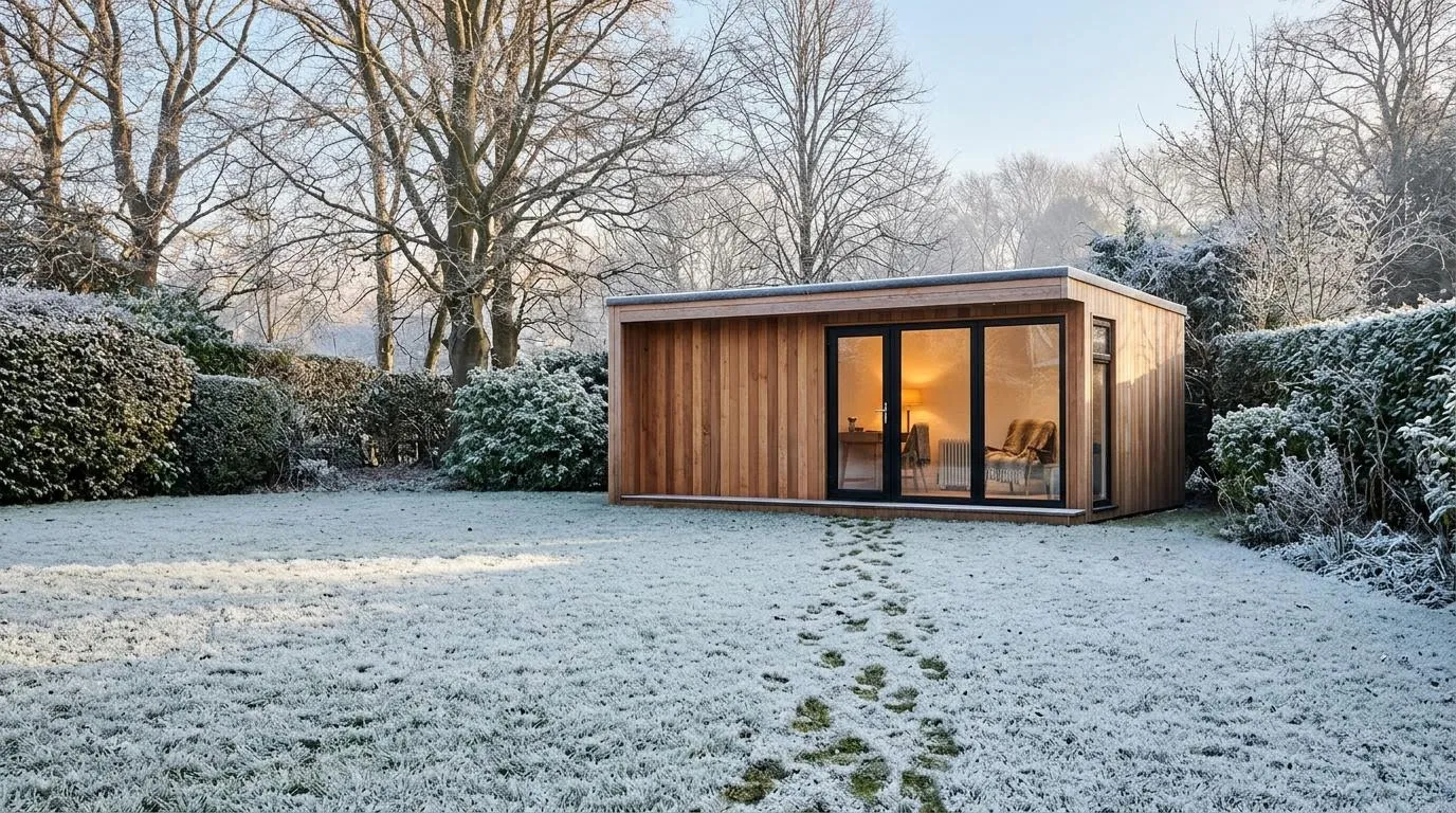 Insulated cedar garden room glowing warm on a frosty winter morning, footprints across the white lawn